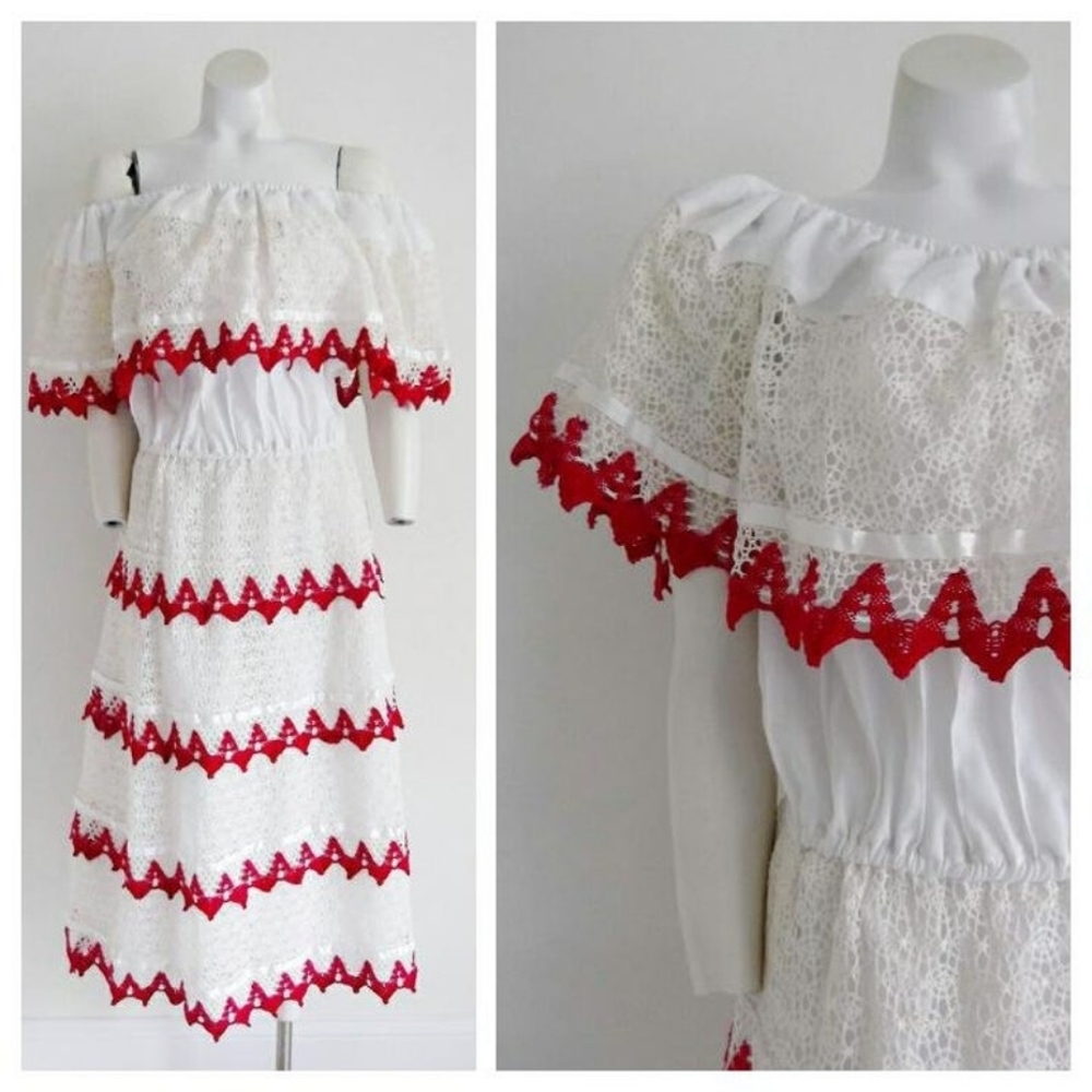vintage Mexican crochet lace Artisan handmade dress 70s 80s boho Hippie Cottage